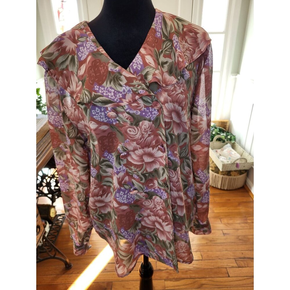 Notations Vintage 80s/90s Floral Sheer Blouse Ruffle 6 Cottage Fairy Coquette